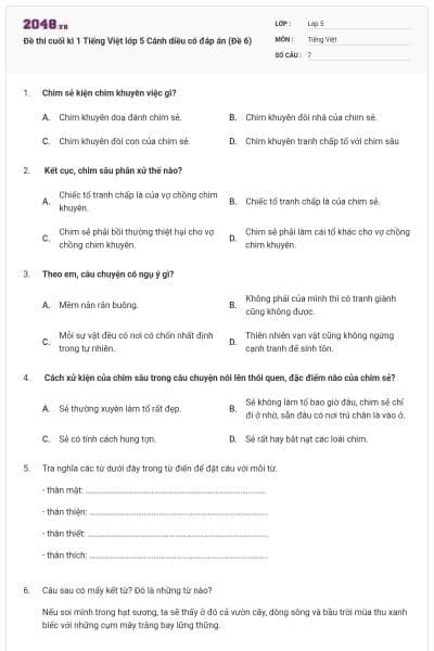 Đề thi cuối kì 1 Tiếng Việt lớp 5 Cánh diều có đáp án (Đề 6)