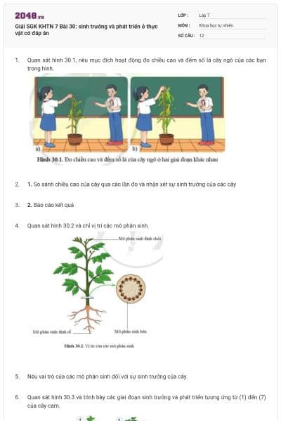 Giải SGK KHTN 7 Bài 30: sinh trưởng và phát triển ở thực vật có đáp án