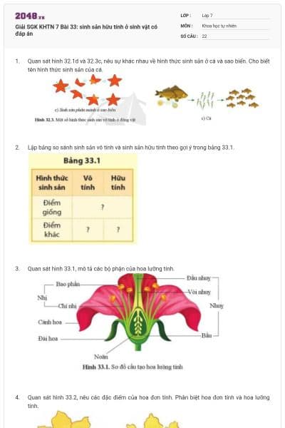 Giải SGK KHTN 7 Bài 33: sinh sản hữu tính ở sinh vật có đáp án