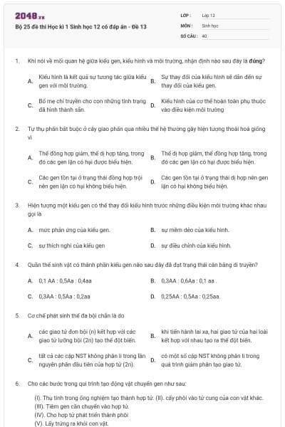 Bộ 25 đề thi Học kì 1 Sinh học 12 có đáp án - Đề 13