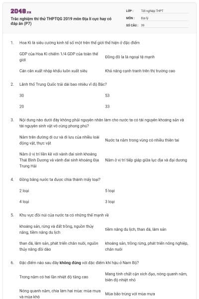 Trắc nghiệm thi thử THPTQG 2019 môn Địa lí cực hay có đáp án (P7)