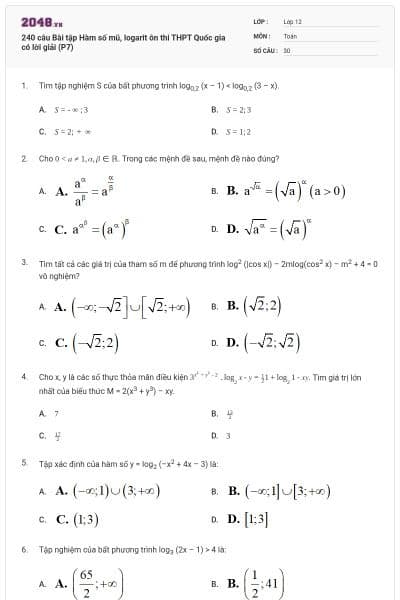 240 câu Bài tập Hàm số mũ, logarit ôn thi THPT Quốc gia có lời giải (P7)