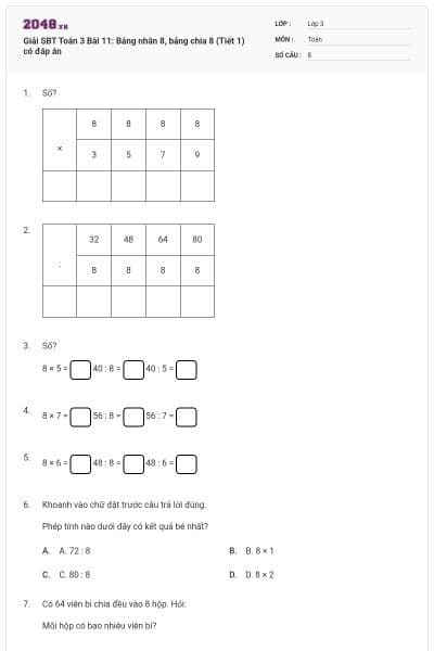 Giải SBT Toán 3 Bài 11: Bảng nhân 8, bảng chia 8 (Tiết 1) có đáp án
