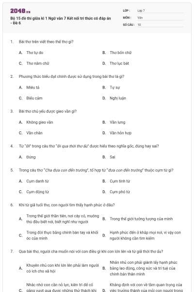Bộ 15 đề thi giữa kì 1 Ngữ văn 7 Kết nối tri thức có đáp án - Đề 6