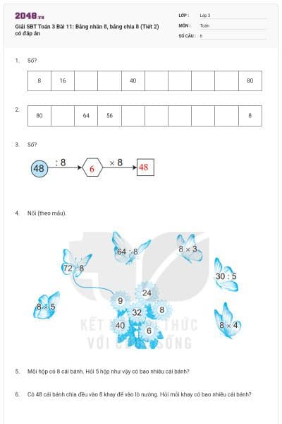 Giải SBT Toán 3 Bài 11: Bảng nhân 8, bảng chia 8 (Tiết 2) có đáp án