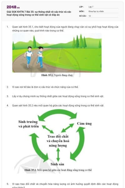 Giải SGK KHTN 7 Bài 35: sự thống nhất về cấu trúc và các hoạt động sống trong cơ thể sinh vật có đáp án