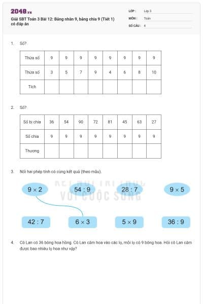 Giải SBT Toán 3 Bài 12: Bảng nhân 9, bảng chia 9 (Tiết 1) có đáp án