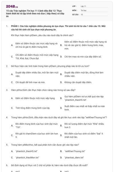 15 câu Trắc nghiệm Tin học 11 Cánh diều Bài 12: Thực hành thiết kế và lập trình theo mô đun ( tiếp theo) có đáp án