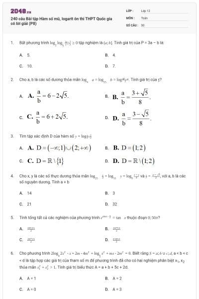 240 câu Bài tập Hàm số mũ, logarit ôn thi THPT Quốc gia có lời giải (P8)