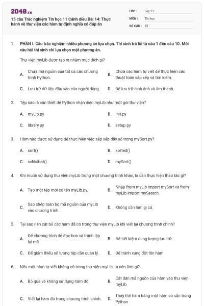 15 câu Trắc nghiệm Tin học 11 Cánh diều Bài 14: Thực hành về thư viện các hàm tự định nghĩa có đáp án