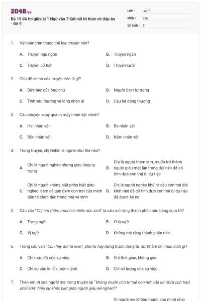 Bộ 15 đề thi giữa kì 1 Ngữ văn 7 Kết nối tri thức có đáp án - Đề 9