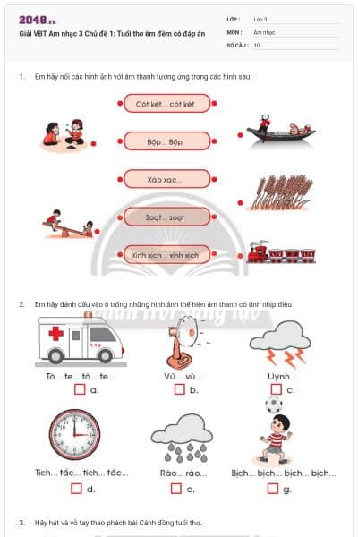 Giải VBT Âm nhạc 3 Chủ đề 1: Tuổi thơ êm đềm có đáp án