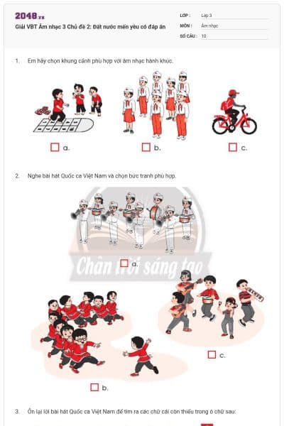 Giải VBT Âm nhạc 3 Chủ đề 2: Đất nước mến yêu có đáp án