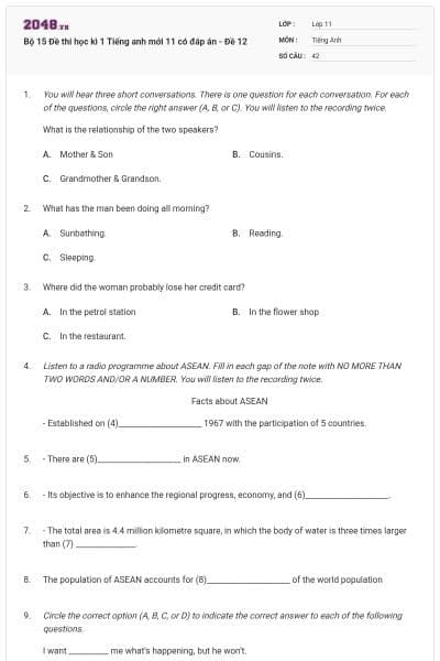 Bộ 15 Đề thi học kì 1 Tiếng anh mới 11 có đáp án - Đề 12