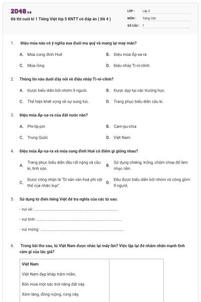 Đề thi cuối kì 1 Tiếng Việt lớp 5 KNTT có đáp án ( Đề 4 )