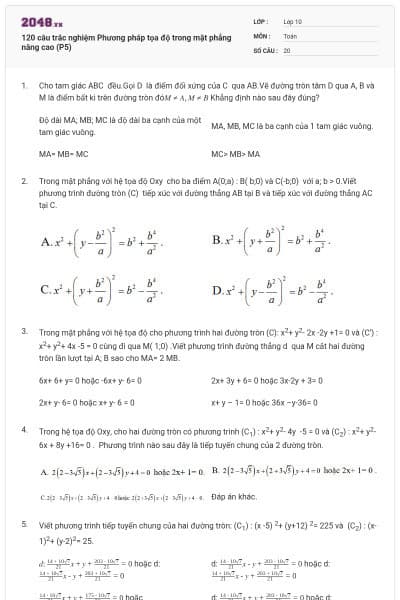 120 câu trắc nghiệm Phương pháp tọa độ trong mặt phẳng nâng cao (P5)