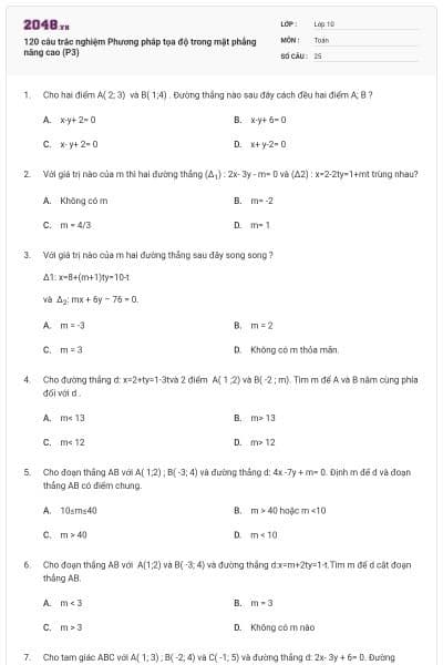 120 câu trắc nghiệm Phương pháp tọa độ trong mặt phẳng nâng cao (P3)
