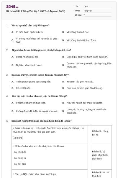 Đề thi cuối kì 1 Tiếng Việt lớp 5 KNTT có đáp án ( Đề 9 )