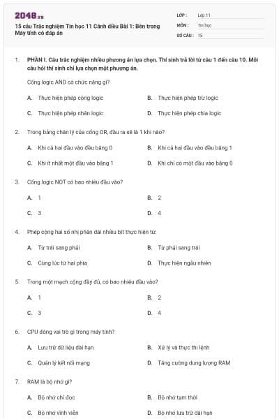 15 câu Trắc nghiệm Tin học 11 Cánh diều Bài 1: Bên trong Máy tính có đáp án