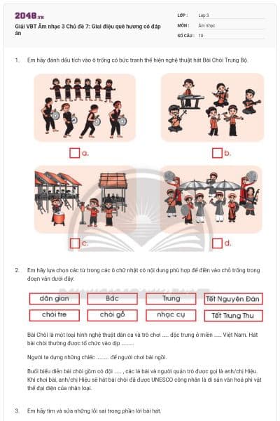 Giải VBT Âm nhạc 3 Chủ đề 7: Giai điệu quê hương có đáp án