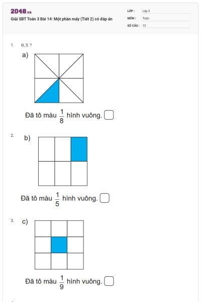 Giải SBT Toán 3 Bài 14: Một phần mấy (Tiết 2) có đáp án