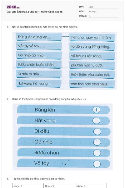Giải VBT Âm nhạc 3 Chủ đề 1: Niềm vui có đáp án