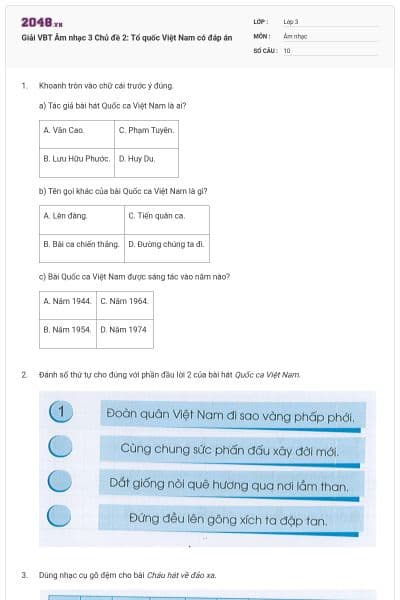 Giải VBT Âm nhạc 3 Chủ đề 2: Tổ quốc Việt Nam có đáp án