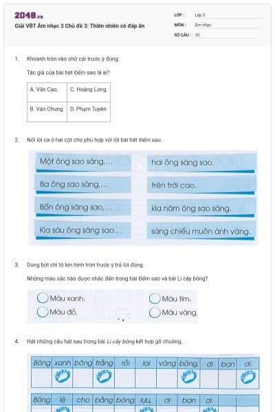 Giải VBT Âm nhạc 3 Chủ đề 3: Thiên nhiên có đáp án