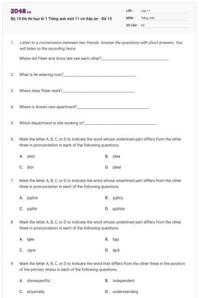 Bộ 15 Đề thi học kì 1 Tiếng anh mới 11 có đáp án - Đề 15