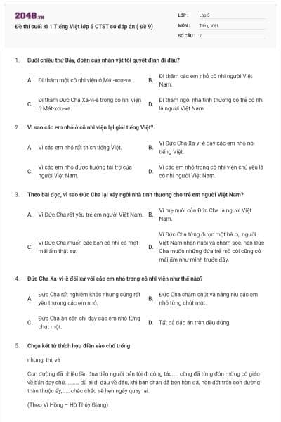 Đề thi cuối kì 1 Tiếng Việt lớp 5 CTST có đáp án ( Đề 9)