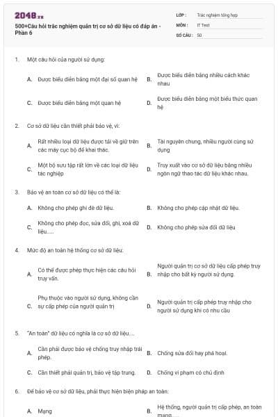 500+Câu hỏi trắc nghiệm quản trị cơ sở dữ liệu có đáp án - Phần 6