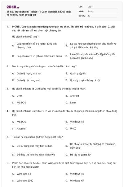 15 câu Trắc nghiệm Tin học 11 Cánh diều Bài 3: Khái quát về hệ điều hành có đáp án