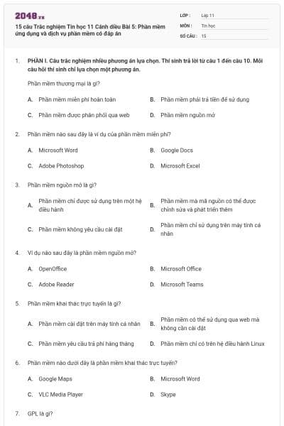 15 câu Trắc nghiệm Tin học 11 Cánh diều Bài 5: Phần mềm ứng dụng và dịch vụ phần mềm có đáp án