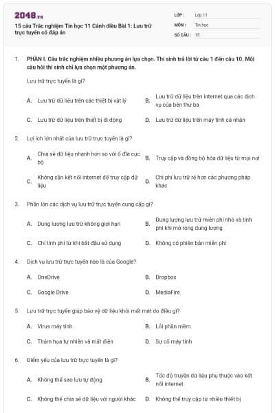 15 câu Trắc nghiệm Tin học 11 Cánh diều Bài 1: Lưu trữ trực tuyến có đáp án