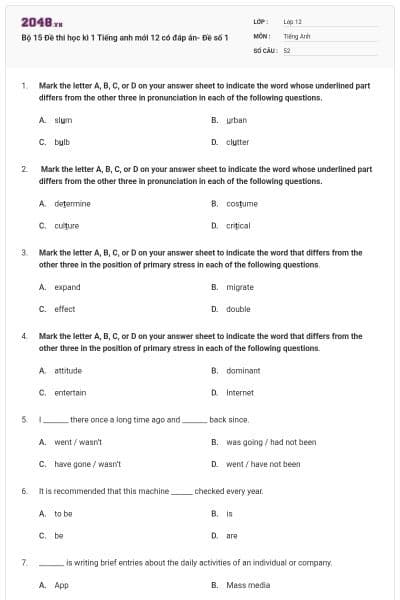 Bộ 15 Đề thi học kì 1 Tiếng anh mới 12 có đáp án- Đề số 1