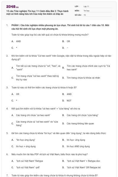 15 câu Trắc nghiệm Tin học 11 Cánh diều Bài 2: Thực hành một số tính năng hữu ích Của máy tìm kiếm có đáp án