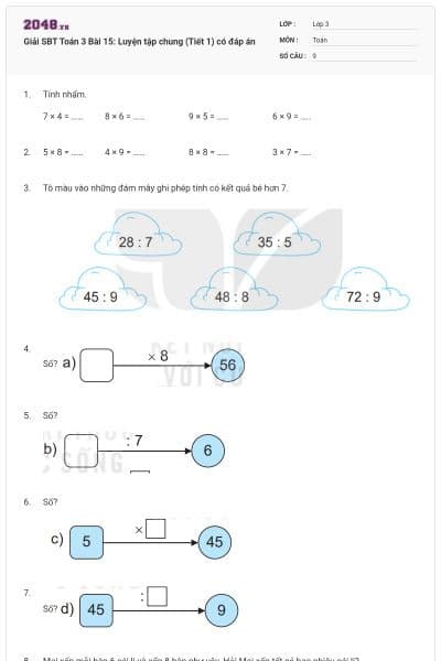 Giải SBT Toán 3 Bài 15: Luyện tập chung (Tiết 1) có đáp án