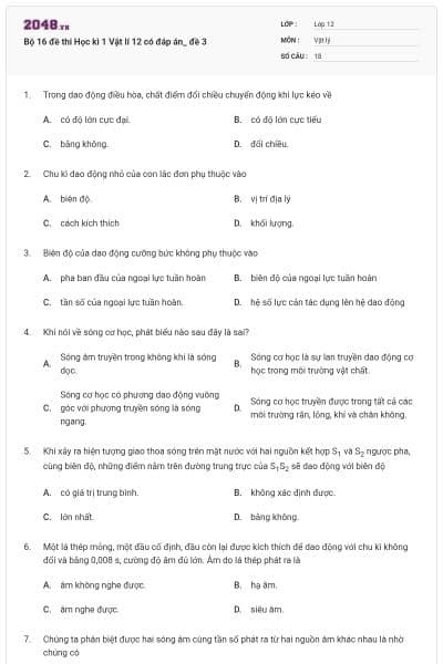 Bộ 16 đề thi Học kì 1 Vật lí 12 có đáp án_ đề 3