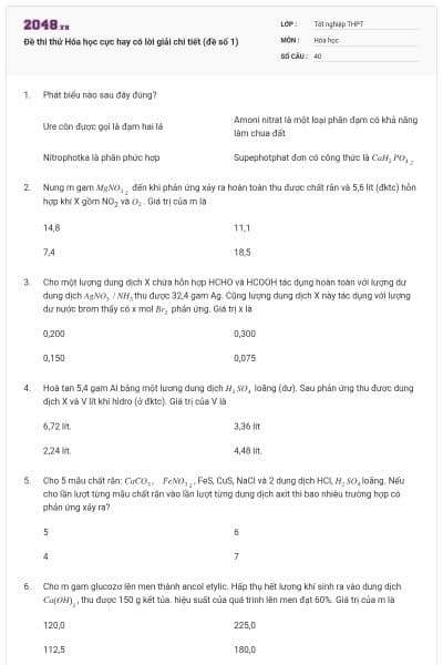 Đề thi thử Hóa học cực hay có lời giải chi tiết (đề số 1)