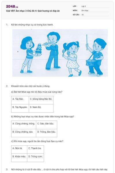 Giải VBT Âm nhạc 3 Chủ đề 4: Quê hương có đáp án