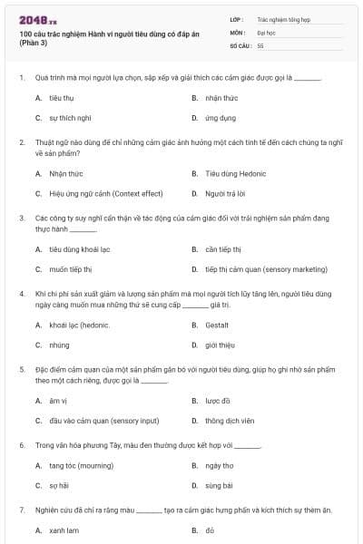 100 câu trắc nghiệm Hành vi người tiêu dùng có đáp án (Phần 3)