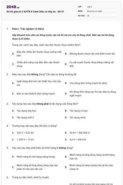 Đề thi giữa kì 2 KHTN 8 Cánh Diều có đáp án - Đề 01