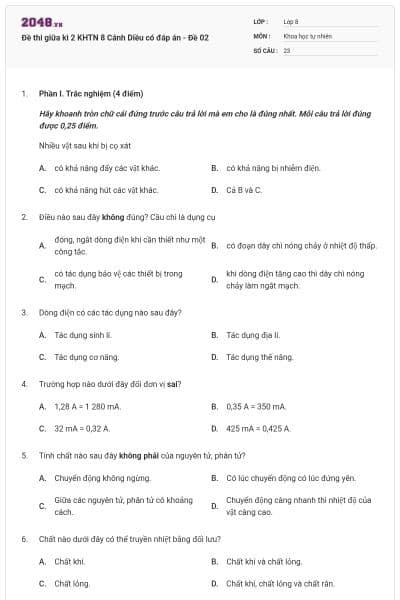 Đề thi giữa kì 2 KHTN 8 Cánh Diều có đáp án - Đề 02