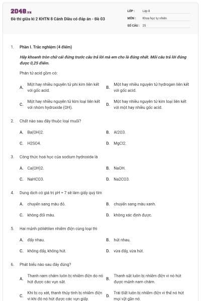 Đề thi giữa kì 2 KHTN 8 Cánh Diều có đáp án - Đề 03