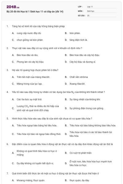 Bộ 20 đề thi Học kì 1 Sinh học 11 có đáp án (đề 14)