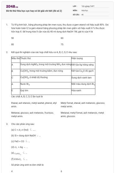 Đề thi thử Hóa học cực hay có lời giải chi tiết (đề số 2)