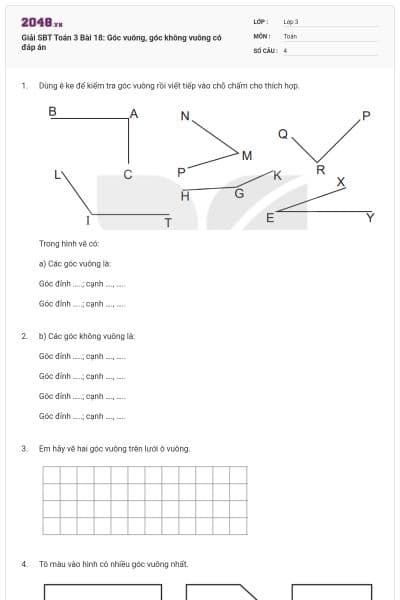 Giải SBT Toán 3 Bài 18: Góc vuông, góc không vuông có đáp án