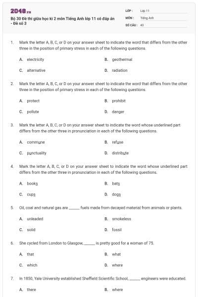 Bộ 30 Đề thi giữa học kì 2 môn Tiếng Anh lớp 11 có đáp án - Đề số 3