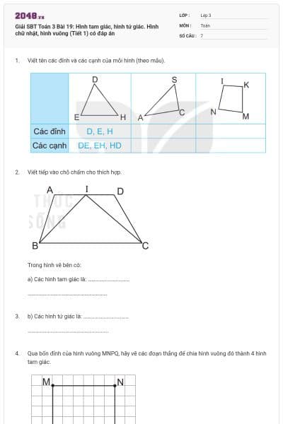 Giải SBT Toán 3 Bài 19: Hình tam giác, hình tứ giác. Hình chữ nhật, hình vuông (Tiết 1) có đáp án