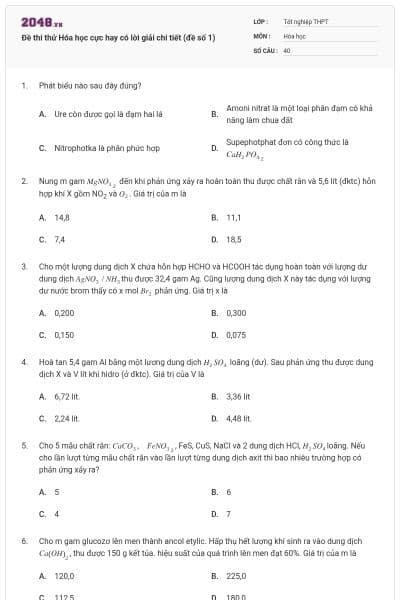 Đề thi thử Hóa học cực hay có lời giải chi tiết (đề số 1)
